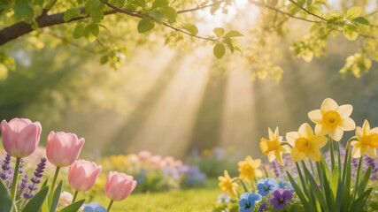 Fototapeta premium Vibrant flowers bloom under sunny trees in a lush green garden landscape.