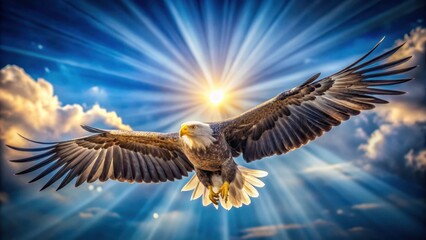 Fototapeta premium A photo of a majestic whitetailed eagle soaring high in a bright blue sky on a sunny day, with golden rays illuminating its feathers and piercing thr