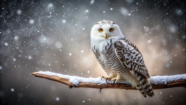A photo of a snowy owl perched on a branch during a winter snowfall in black and white