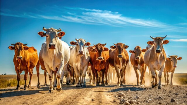 A photo of a herd of cattle walking in a line down a dirt road with the horizon in the distance The sky is clear and blue, and there are no other ani