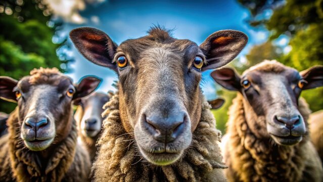 A photo of a unique lowangle perspective showing a group of curious sheep looking down to camera with one distinct black sheep