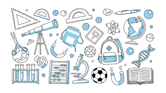 Science Essentials: A meticulously crafted collection of scientific instruments and educational tools, creating a vibrant representation of the scientific method and education. 