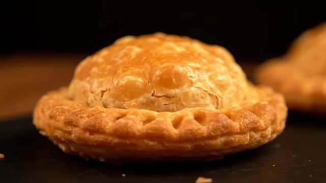 Golden flaky Kazakh meat turnover appetizer slow rotation close-up cinematic food video