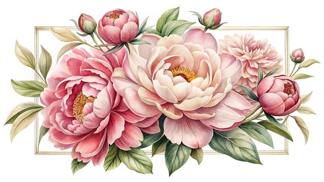 Watercolor Peony Floral Arrangement in Rectangular Golden Frame on White Background