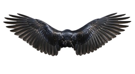 Fototapeta premium Black bird wings spread wide isolated against a bright white background