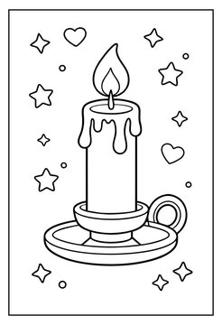 Simple outline vector illustration of a single burning candle on a candlestick with surrounding decorative stars and hearts suitable for coloring.
