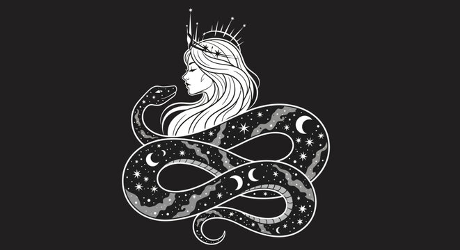 Woman with crown and serpent illustration against black background