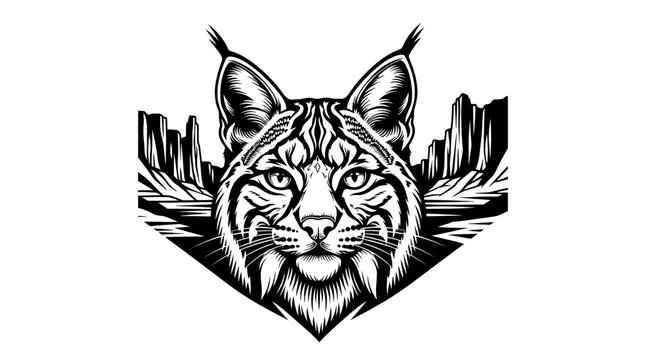 Stylized lynx portrait with mountain backdrop vector illustration