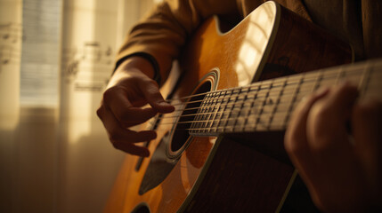 Fototapeta premium Musician hands playing acoustic guitar in a warm sunlit room with musical notes visible on soft curtains background.