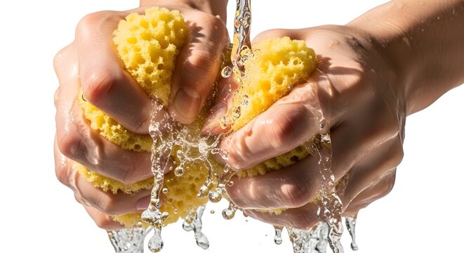 Hands squeezing a yellow sponge with flowing water against a white backdrop