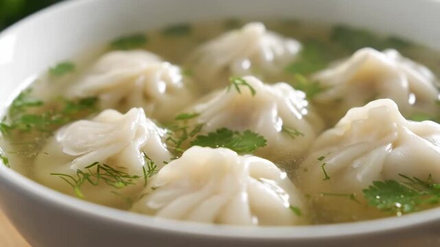 Traditional Uzbek chuchvara dumplings in clear broth with herbs close-up top view homemade soup
