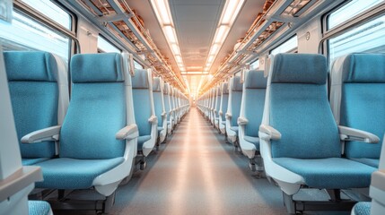 Naklejka premium Modern interior of a train carriage with empty blue seats illuminated by sunlight creating a serene and spacious atmosphere for travel