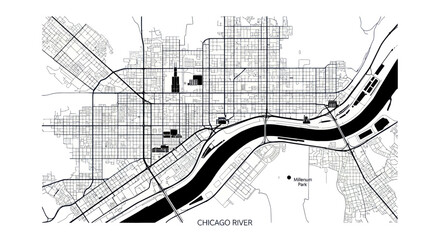 Chicago River City Map Blueprint - Black and White Urban Plan