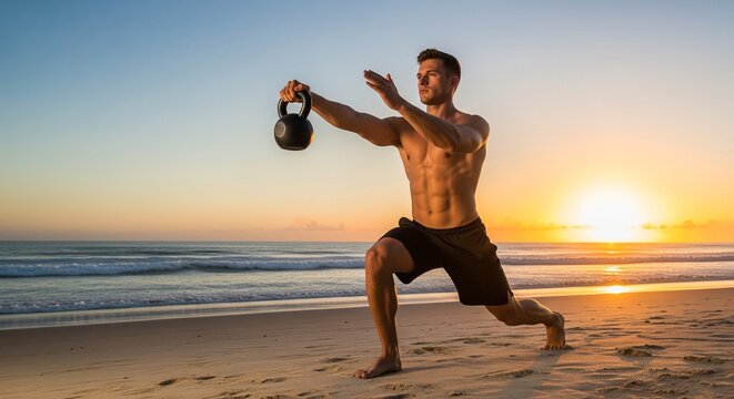 Man exercises with kettlebell on beach at sunset