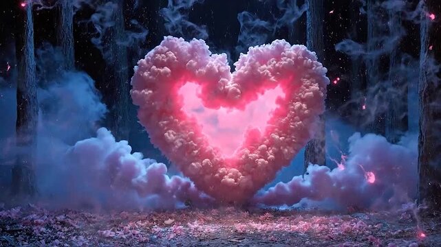 Exploding heart shape made of smoke and light in a forest setting