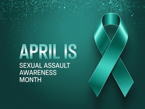 Teal ribbon awareness symbol for sexual assault awareness month in april on dark green background with sparkles