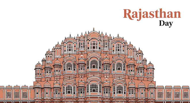 Illustration of a traditional Rajasthani building on Rajasthan Day with a cultural festival theme and vibrant orange tones against a clean white background.