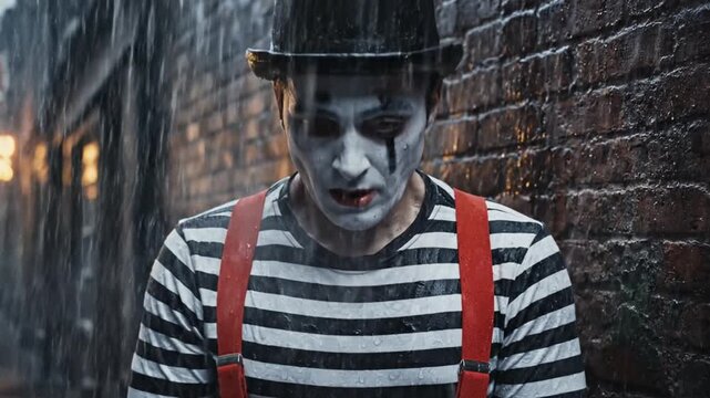 Sad mime stands in the rain on a cobbled street with brick wall backdrop