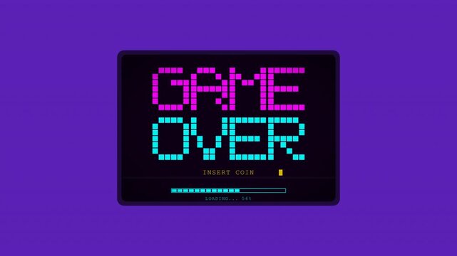 Retro pixel art Game Over screen displaying insert coin text and loading bar.