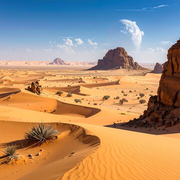 A desert landscape with sand dunes and rock formations under a blue sky