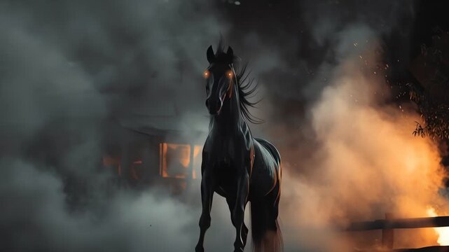 Ghostly Black Horse with Glowing Eyes Rearing in Smoke and Fire