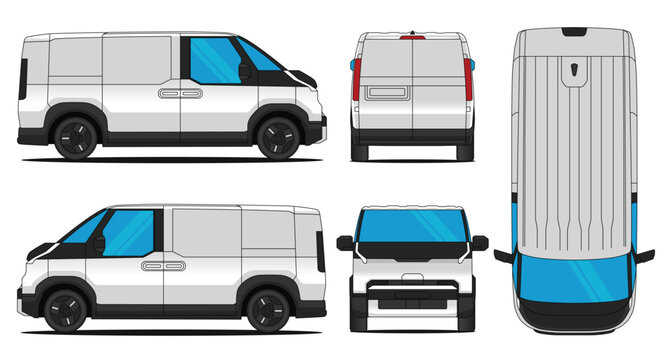 White delivery van PV5 blueprint with multiple views including side, front, rear, and top angles, isolated on a white background.