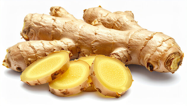 Fresh ginger root and slices on white background for culinary and health concepts