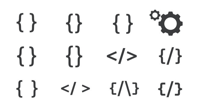 Coding Symbols: Braces, Brackets, and Gear Icon for Software Development