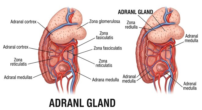 Paired adrenal gland illustration showing cortex and medulla, labeling zona glomerulosa, zona fasciculata, zona reticularis, adrenal medulla and associated vasculature to demonstrate endocrine structu