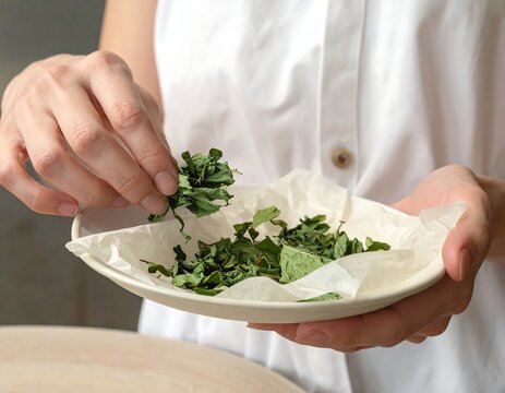 A person in a white shirt holding a plate of greens