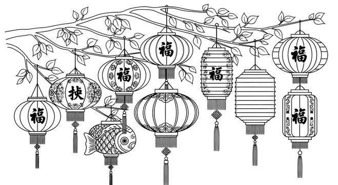 chinese lanterns hanging from tree branch