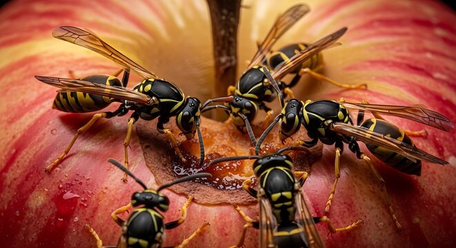Yellowjacket Wasps Swarming and Feasting on a Sweet Ripe Red Apple, Captured in a Detailed Macro Close-Up