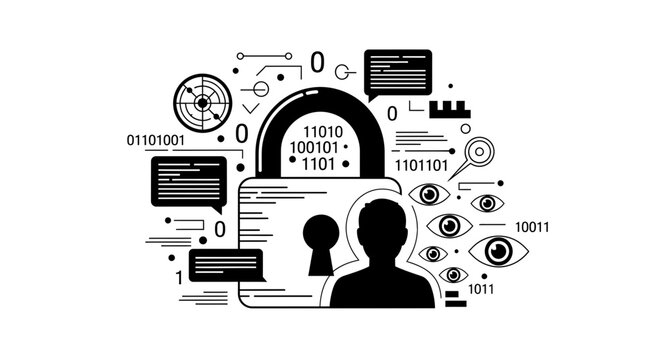 cyber security concept with padlock and human silhouette