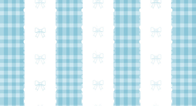 Seamless Blue Gingham Pattern with Decorative Bows on Isolated White Background for Cute Textile Design or Wrapping Paper