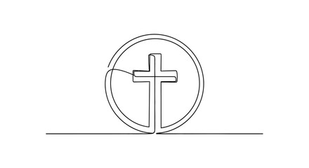 Fototapeta premium Christian Cross Symbol in Circle, Continuous Line Drawing, Religious Iconography