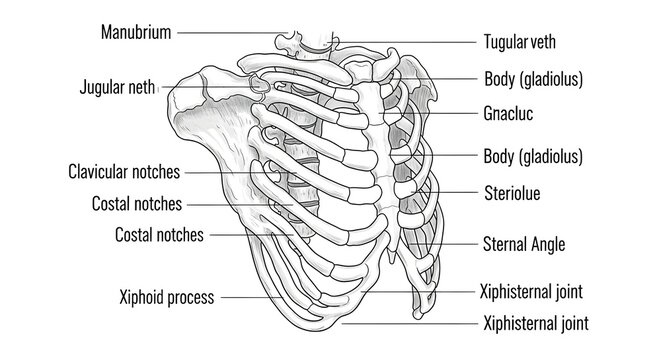 Anterior skeletal diagram of the sternum and rib cage depicting manubrium, jugular notch, clavicular and costal notches, body of sternum, sternal angle, xiphoid process and articulations with ribs for