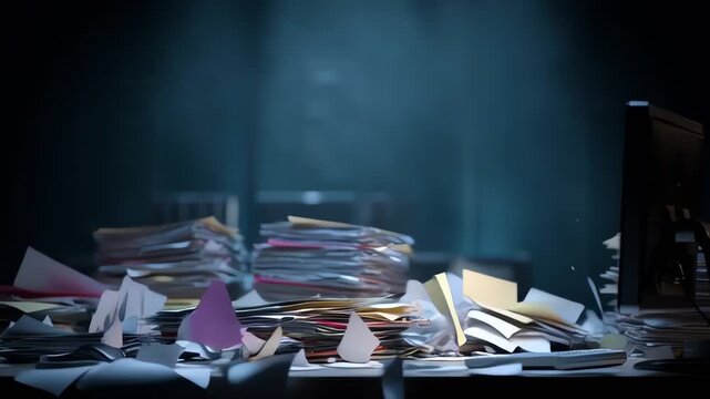 Towering Pile of Paperwork Collapsing on an Office Desk