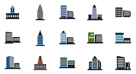 Modern City Buildings Icon Set: Office Blocks, Skyscrapers, Architectural Landmarks © Berkah