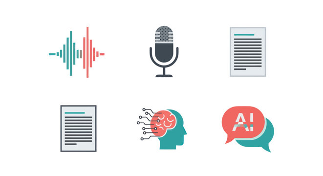 AI Speech Recognition and Transcription Icons: Voice Waveform, Microphone, Document, Brain