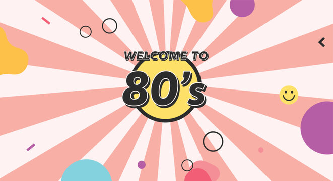 Vibrant retro eighty's decade celebration background with sunburst pattern colorful abstract shapes and nostalgic typography for poster design.