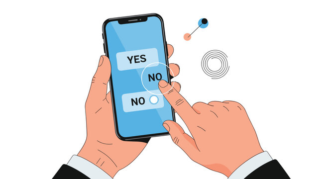 Decision making and user feedback concept with professional hands interacting with binary choice buttons on a modern mobile smartphone device.