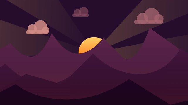 Abstract Flat Vector Landscape with Mountains and Sunset