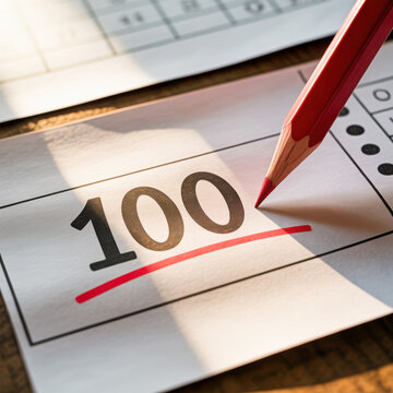 Close up of number 100 with underline marked in red. Successful academic result on exam sheet. Education concept showing high achievement. Red pencil tip pointing to top grade. Success and school asse