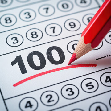 Close up of number 100 with underline marked in red. Successful academic result on exam sheet. Education concept showing high achievement. Red pencil tip pointing to top grade. Success and school asse