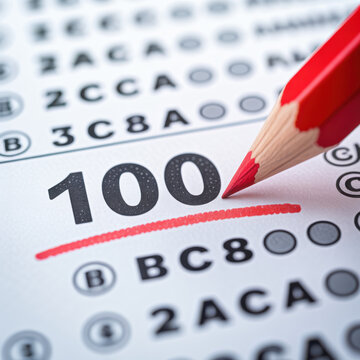Close up of number 100 with underline marked in red. Successful academic result on exam sheet. Education concept showing high achievement. Red pencil tip pointing to top grade. Success and school asse