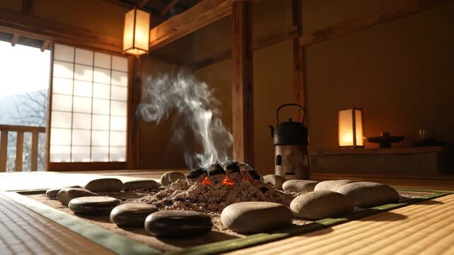 Japanese hearth with glowing embers and steam rising from a central charcoal fire