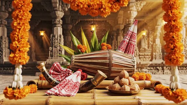 Festive display of traditional assamese rongali bihu items with marigold garlands, set against an ancient temple backdrop.