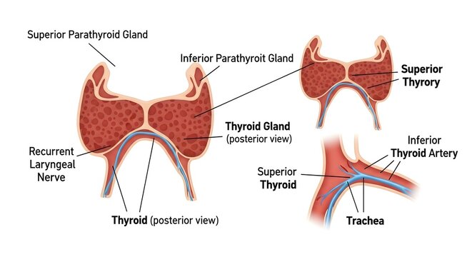 Composite illustration of posterior thyroid lobes with superior and inferior parathyroid glands, recurrent laryngeal nerve and vascular supply, including close‑up of superior thyroid artery and inferi
