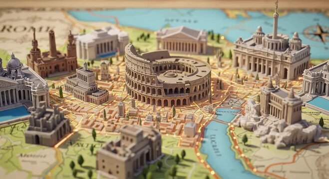 ancient rome map scene with landmarks and river panorama