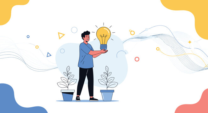 Man holding a large glowing light bulb representing bright ideas and innovative solutions in a creative environment.